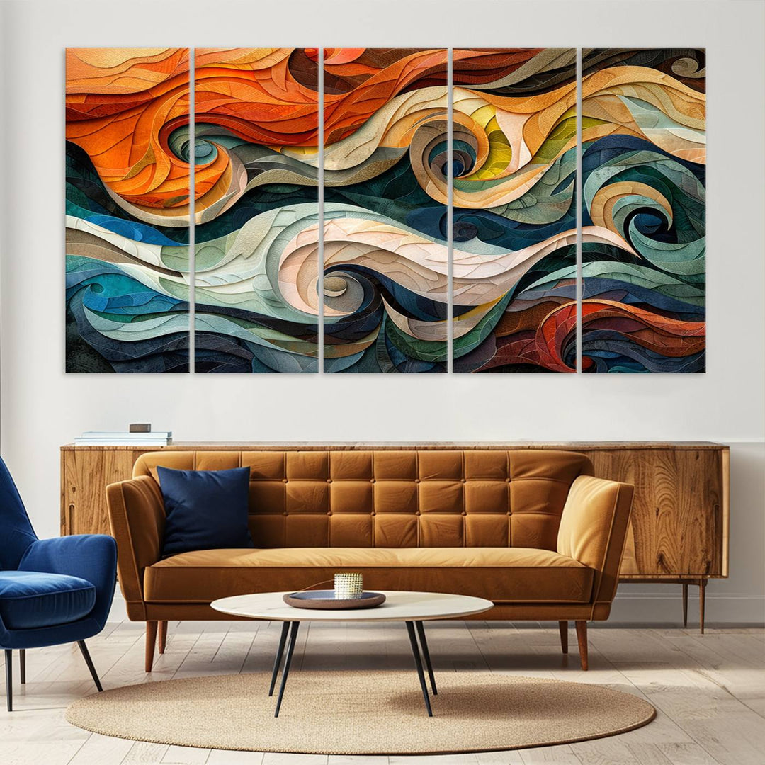 Abstract Wave Wall Art is a ready-to-hang framed canvas print featuring swirling orange, blue, and white patterns. It's perfect for adding vibrant decor to modern spaces.