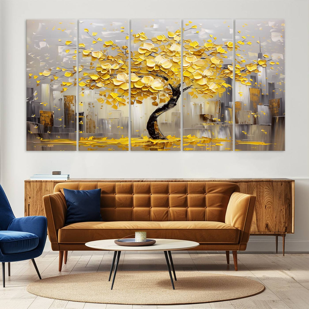 A framed canvas print from the "Golden Tree Canvas Print | Abstract Wall Art for Modern Homes | Ready to Hang Framed Artwork" collection hangs elegantly against the dark wall, epitomizing exquisite abstract wall art.