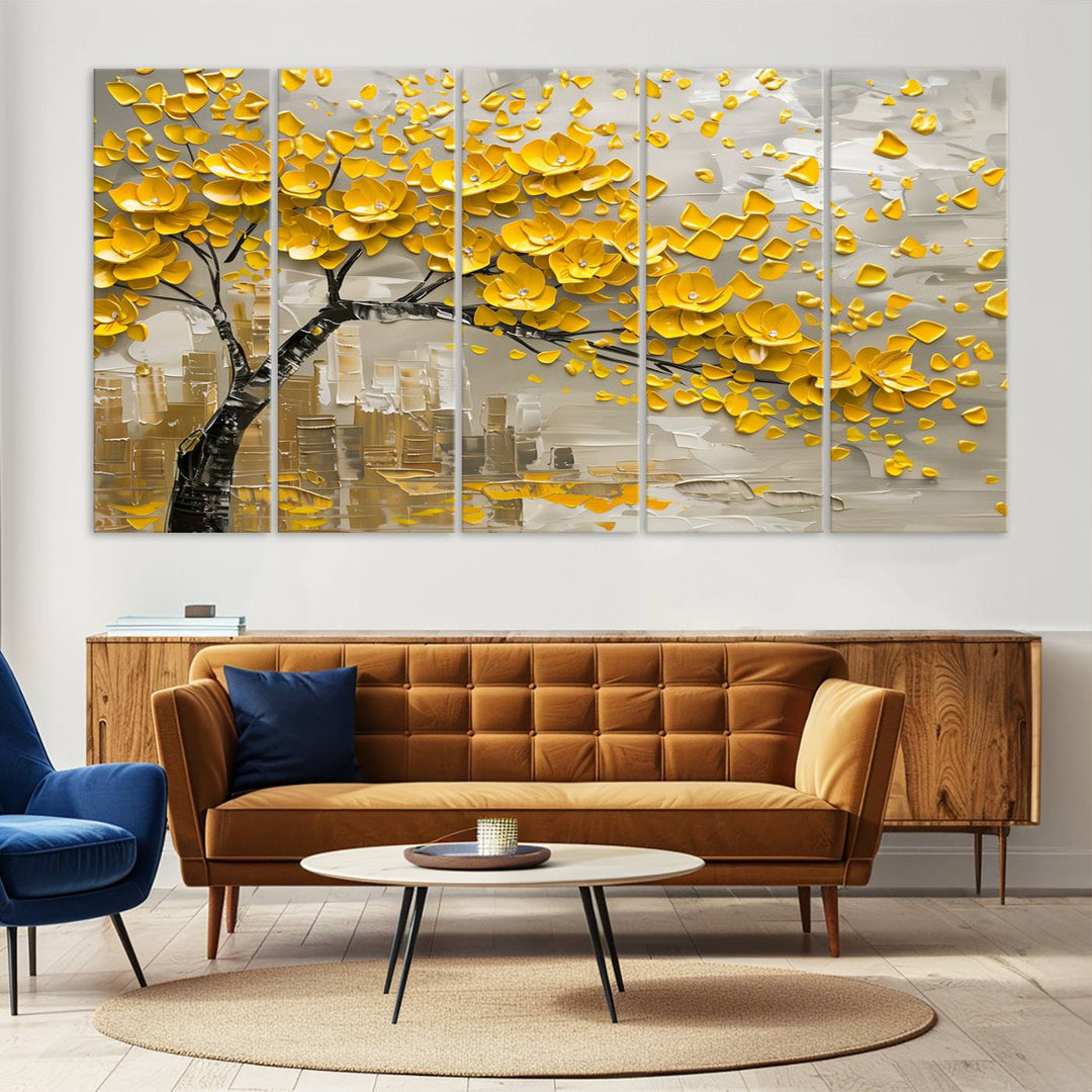 Yellow Blossom Tree Canvas Wall Art, featuring a floral abstract modern design, is elegantly displayed against a dark wall. This sophisticated piece enhances the contemporary aesthetic of the space.