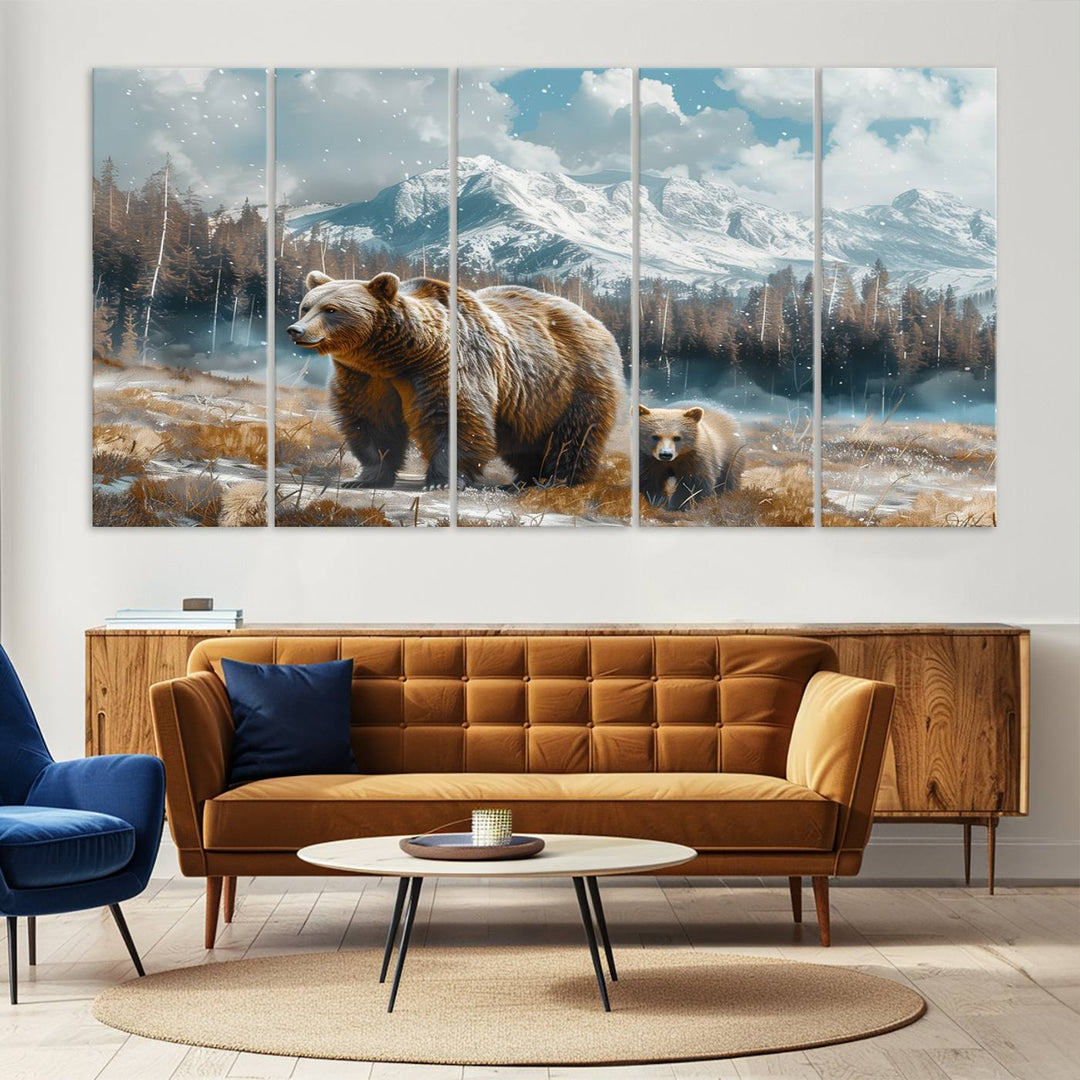 The modern living room features a Bear and Baby Bear Wall Art Canvas Print depicting a snowy mountain landscape, making it a stunning visual piece and a meaningful gift idea.