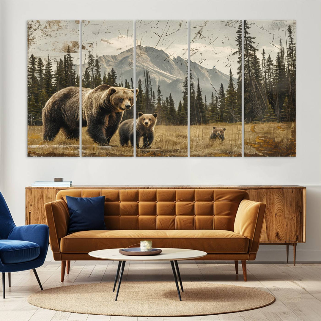 Displaying the Rustic Grizzly 399 Bear Family Wall Art Canvas Print in a modern living space adds remarkable charm. This triptych piece showcases a bear family in the forest, printed on museum-quality canvas and ready to hang, seamlessly enhancing your decor with its striking detail and elegance.