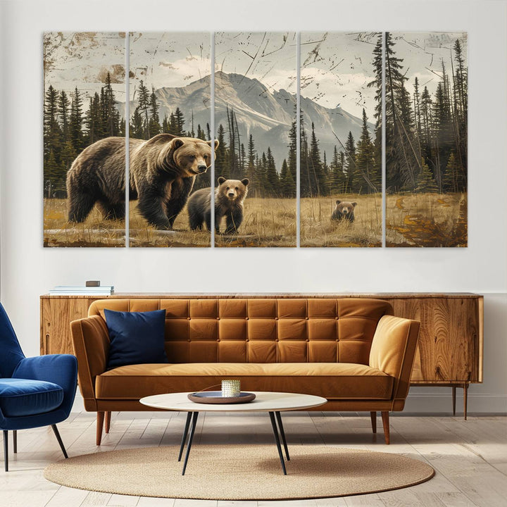 Rustic Grizzly 399: Bear Family Wall Art Canvas Print.