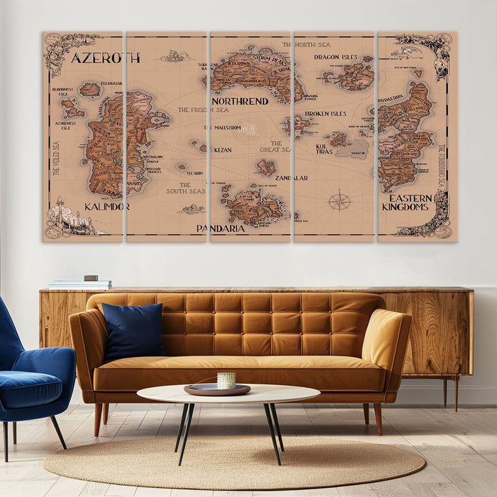 The Vintage Azeroth World Map Canvas Print, a stunning three-piece set, enhances the space with its vintage charm, perfectly complementing your gaming decor.