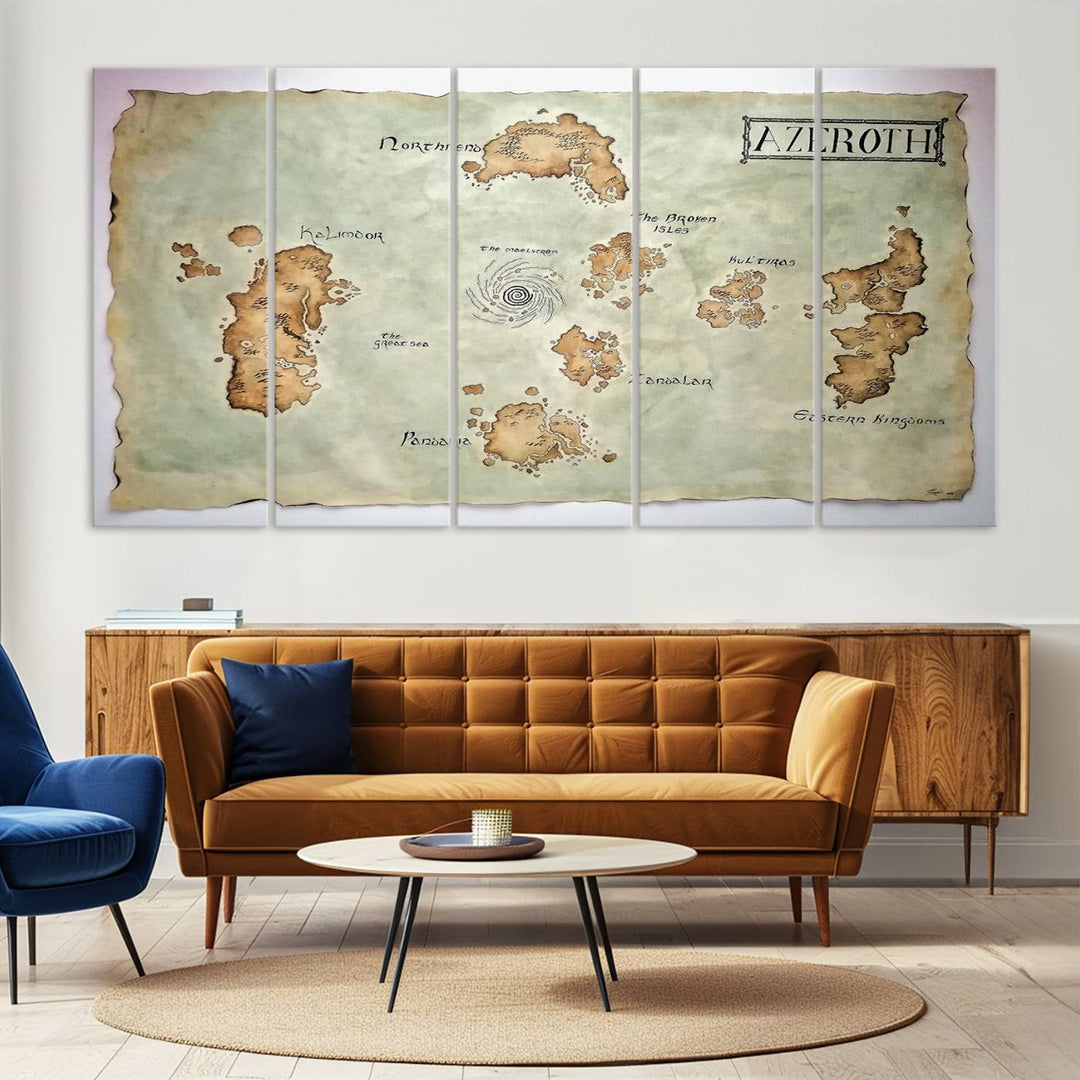 The Azeroth World Map Wall Art Canvas Print, a three-panel vintage piece, brings a cozy fantasy gaming atmosphere to the room.