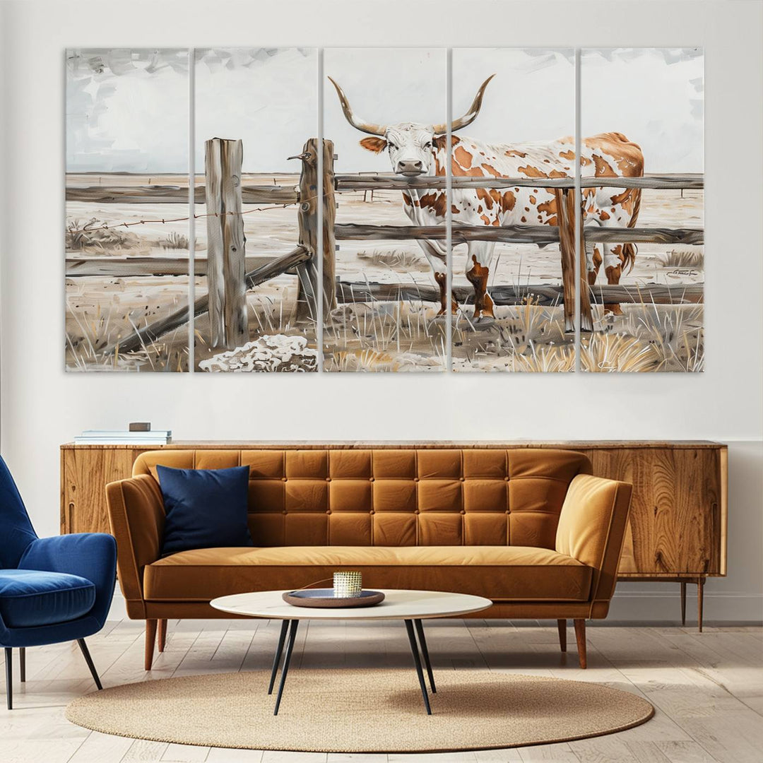 The Abstract Longhorn Cow Wall Art, a ready-to-hang framed canvas print, adds rustic charm and perfectly captures the essence of rural elegance.