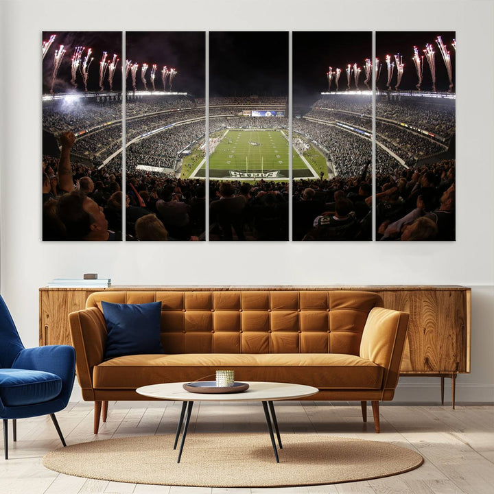 The living room features a spectacular Philadelphia Eagles Football Team Print. This wall art canvas print of Lincoln Financial Field at night captures a Philadelphia Eagles game under the dazzling brilliance of fireworks, making it an eye-catching centerpiece.