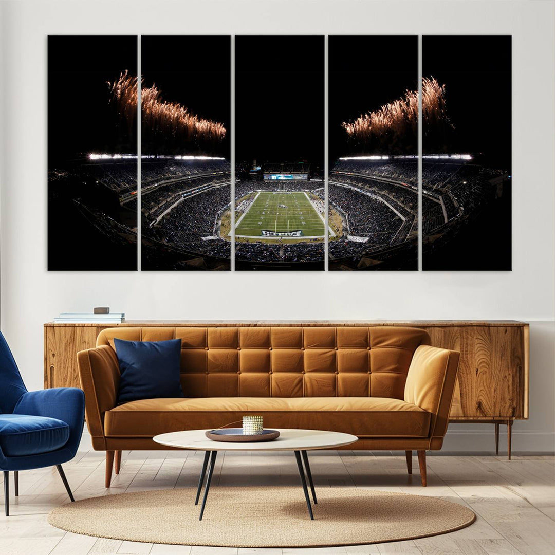 A stunning triptych wall art featuring the Philadelphia Eagles Football Team Print, capturing Lincoln Financial Field with spectacular fireworks.