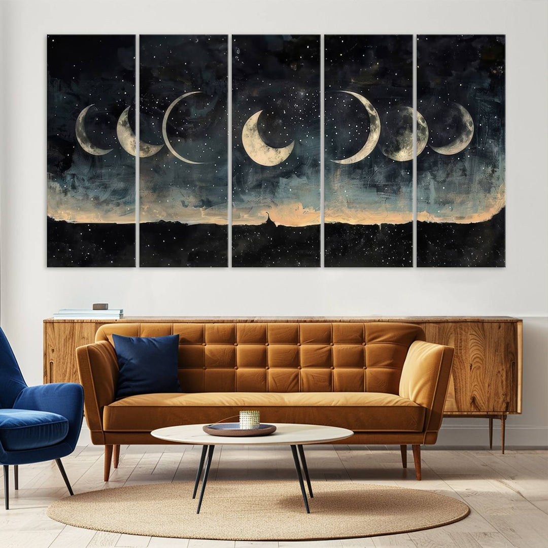 The "Phases of the Moon Wall Art," a framed canvas series capturing the celestial beauty of lunar cycles against a starry night, adds an elegant touch to the contemporary dining room.