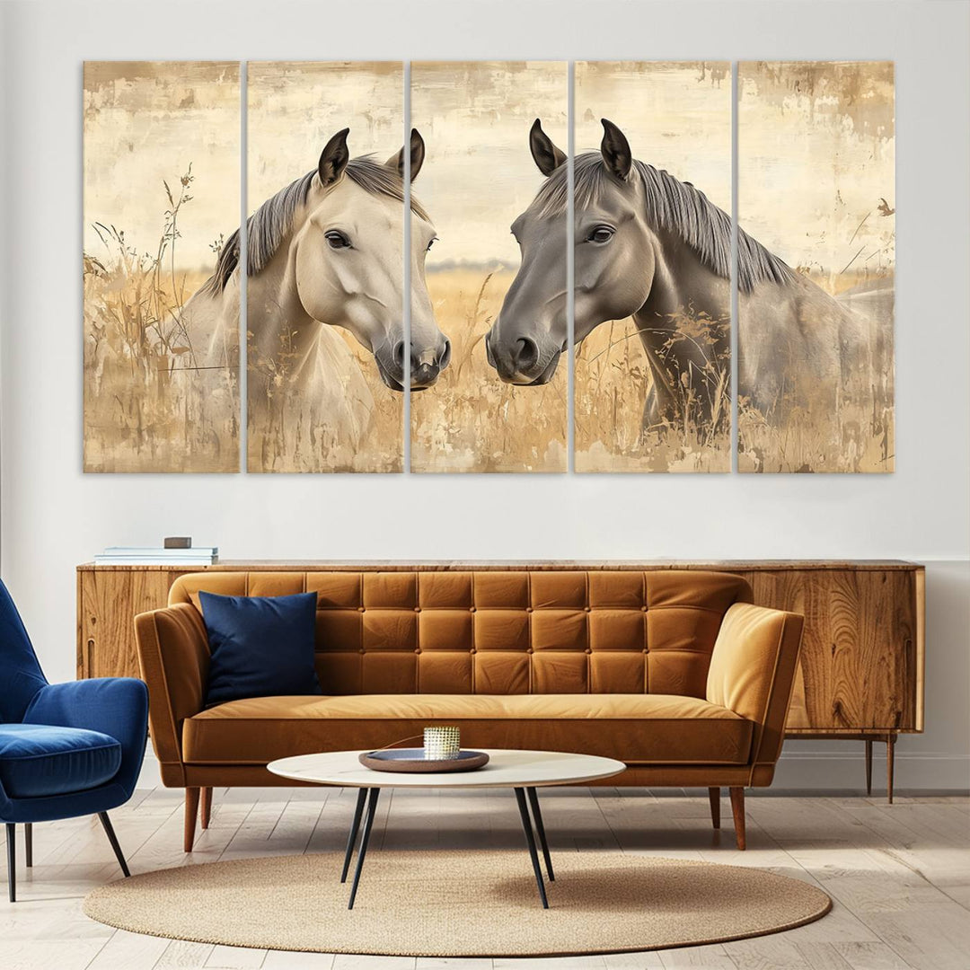 The "Chinese Ink Style Grunge Horses Wall Art Canvas Print," featuring two horses in a field, hangs prominently, highlighting its museum-quality canvas and high-resolution printing.