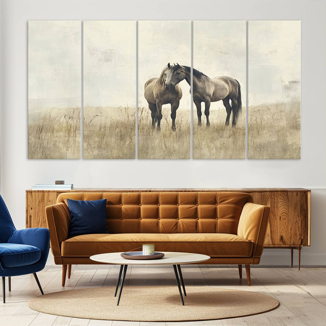 The Chinese Style Grunge Horses Wall Art Canvas Print, featuring a three-panel design of two horses in a misty field, is crafted on museum-quality canvas using high-resolution printing and hangs elegantly.