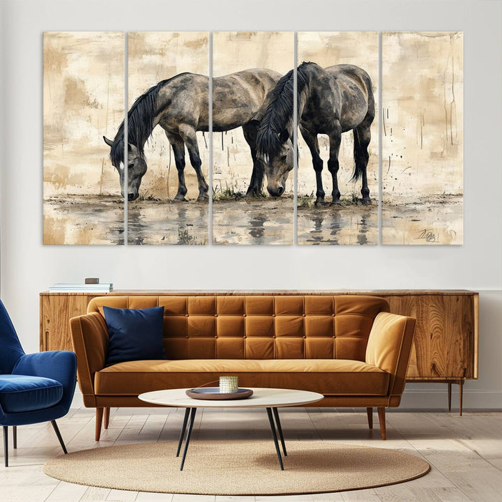 Chines Ink Style Black Horses Wall Art Canvas Print features a triptych painting of two horses drinking at the water's edge.