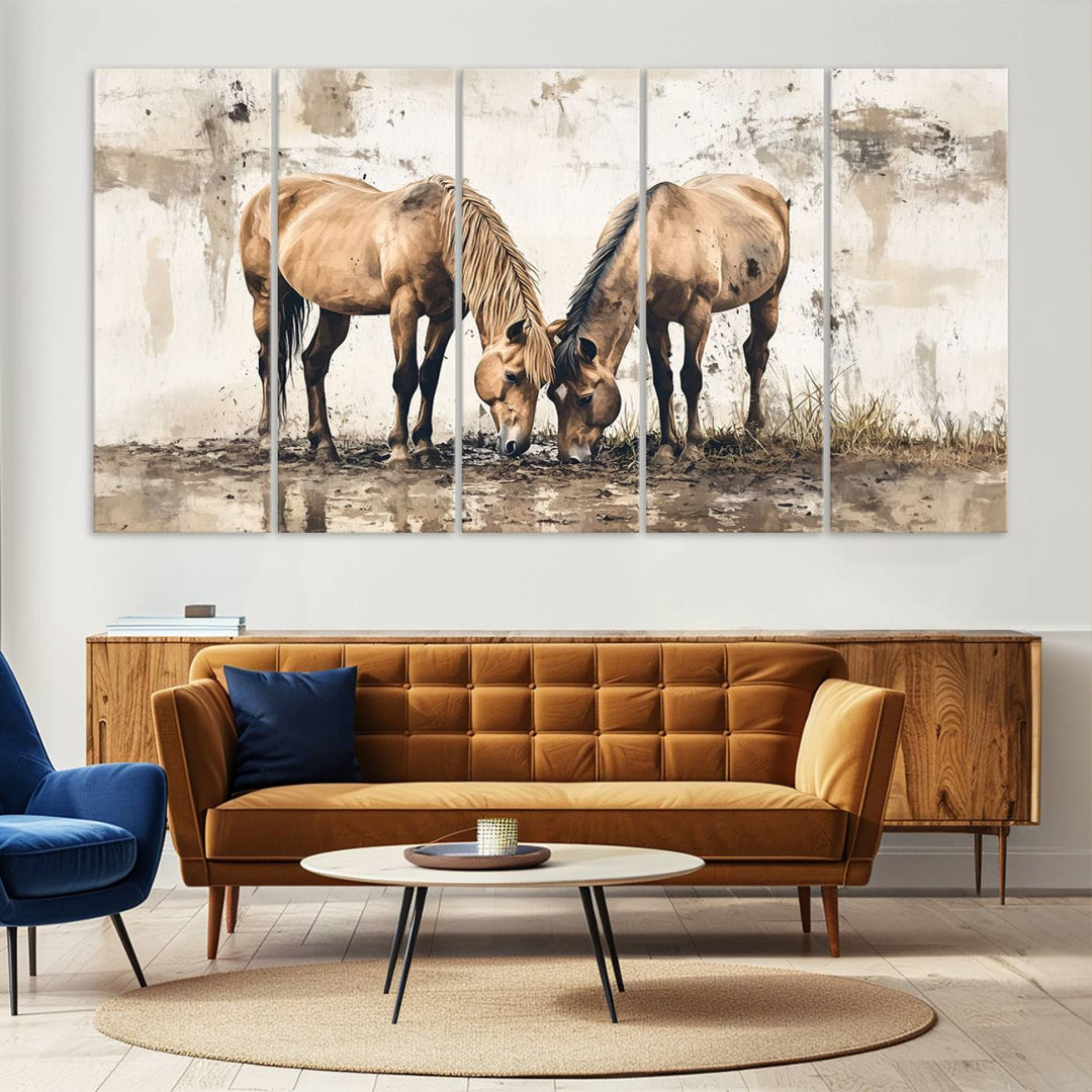 The Vintage Horses Wall Art, a ready-to-hang and framed triptych, beautifully captures two horses gracefully grazing. It perfectly complements the rustic charm of western farmhouse wall decor.