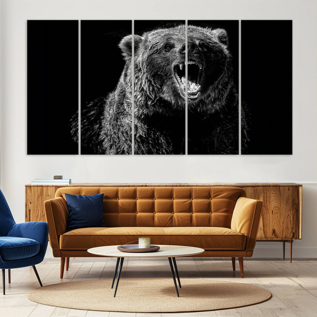 A striking Bear Canvas Print, perfect for cabin decor and ready to hang, is displayed in the modern living room, adding a touch of wildlife art to the sleek design.