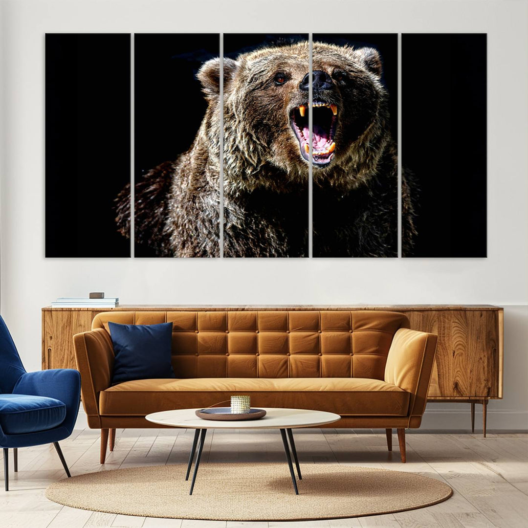 The Grizzly Bear Canvas Print, featuring wildlife wall art on a black background, is ready to hang and is perfect for rustic cabin decor.