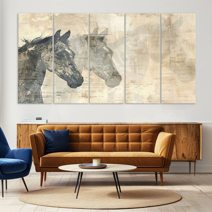 The Abstract Horse Canvas Print, part of the Modern Farmhouse Wall Art collection and ready to hang with its framed design, enhances the decor when displayed as a three-panel set on a dark wall.