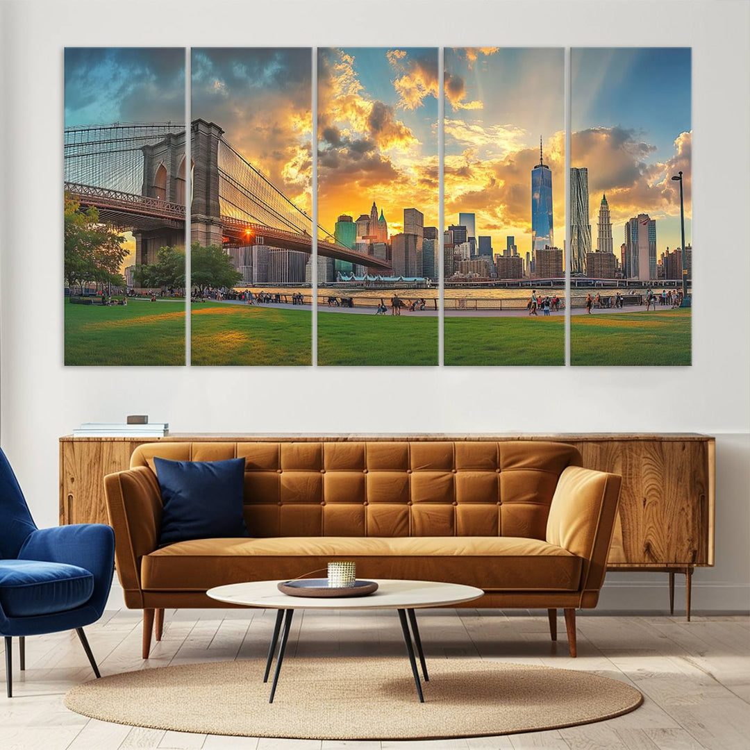 The "Brooklyn Bridge New York Skyline Wall Art" is a ready-to-hang framed canvas print that beautifully captures the cityscape at sunset, showcasing the iconic Brooklyn Bridge and majestic skyscrapers.