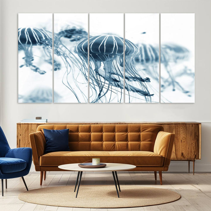 The Abstract Jellyfish Wall Art Canvas Print, a three-panel piece featuring high-resolution printing, hangs elegantly in the room, adding vibrant detail to the space.