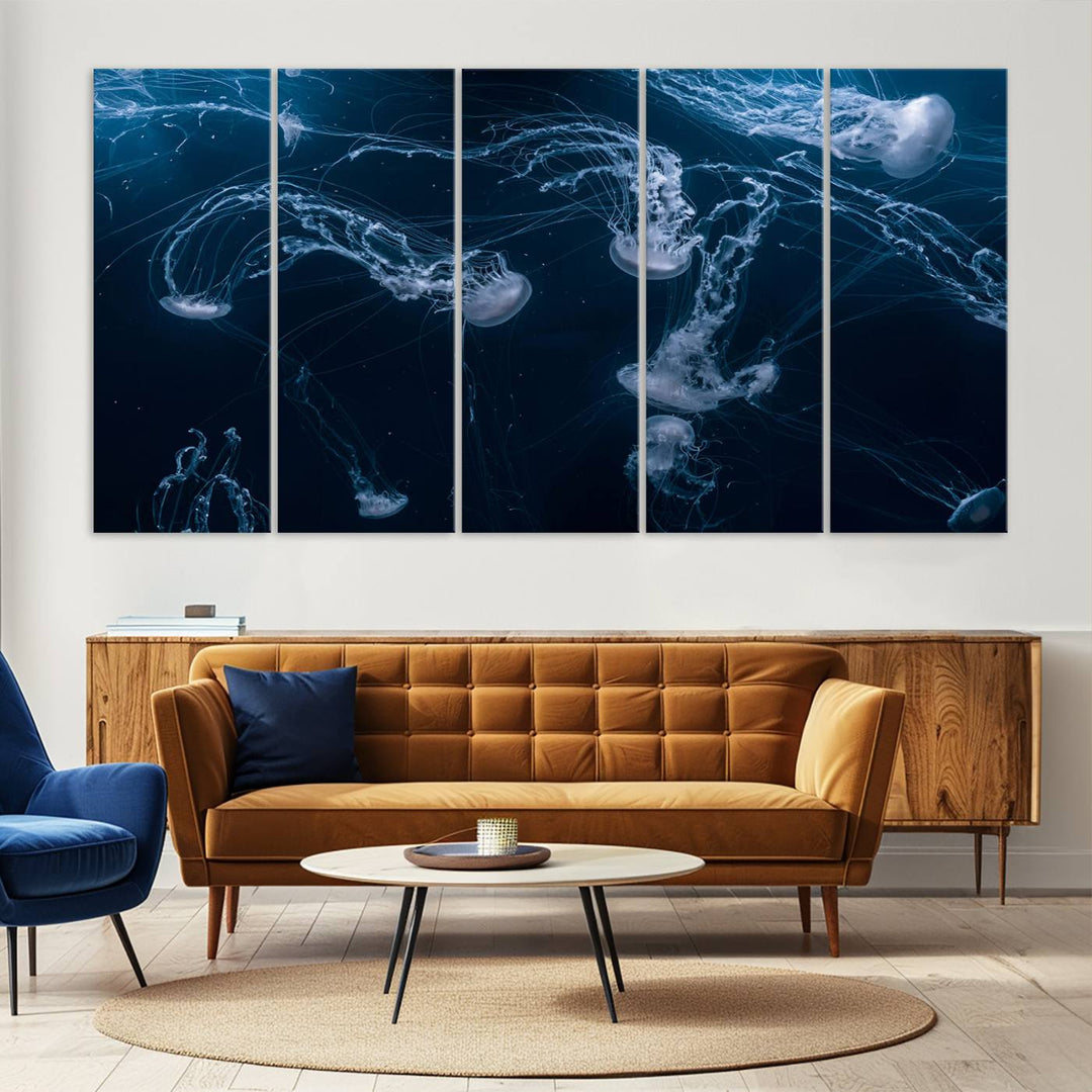 Room with modern decor, featuring the Abstract Jellyfish in Ocean Wall Art Canvas Print on museum-quality canvas.