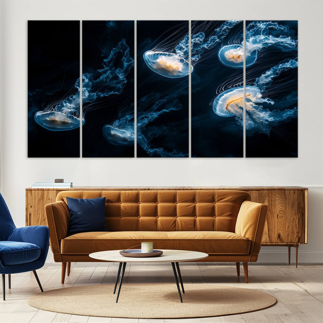 The "Jellyfish Wall Art Canvas Print," featuring a sea-themed design of glowing jellyfish, is displayed in high-resolution on museum-quality canvas.