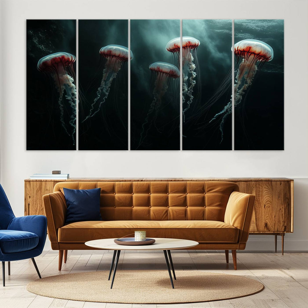 The Abstract Jellyfish Wall Art Canvas Print, framed in the USA and showcased on museum-quality canvas with high-resolution printing, adds a decorative touch to the space.