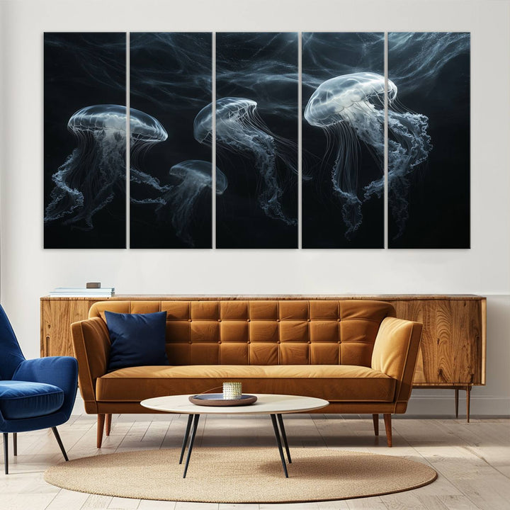 The Jellyfish Wall Art Canvas Print features glowing jellyfish in vibrant colors on museum-quality canvas.