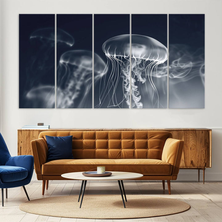 A stunning Jellyfish Wall Art Canvas Print showcases museum-quality canvas through high-resolution printing.