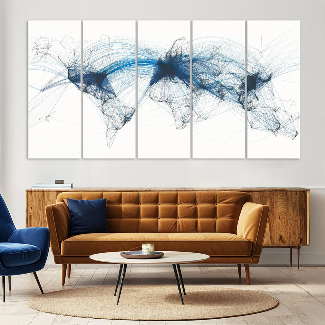 The Aviation Flight Map Wall Art is a set of three abstract panels featuring a world map with blue lines, resembling a flight map. Ideal for aviation enthusiasts, this ready-to-hang framed air traffic art print enhances the appeal of modern decor.