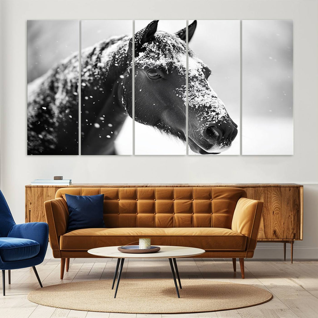 A set of Winter Horse Snow Wall Art Canvas Prints hangs, creating the perfect touch of Rustic Cabin Decor.