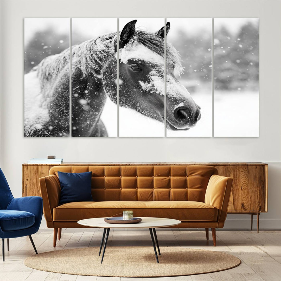 The Black Horse Winter Wall Art, framed and ready to hang, is beautifully displayed as farmhouse and western wall decor.