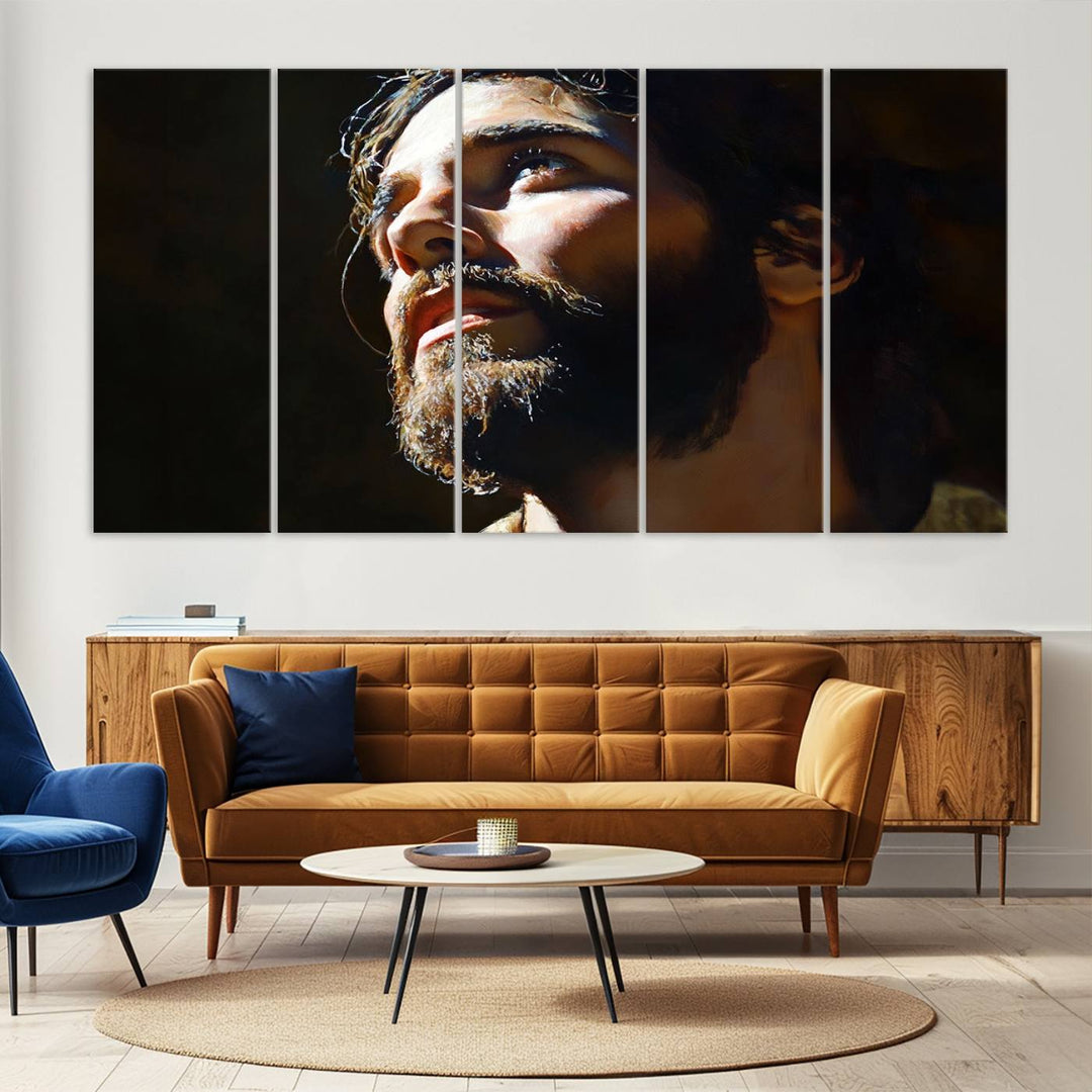 The Jesus Portrait Wall Art Canvas Print features a thoughtful depiction of Jesus Christ in an oil painting style, adding an inspirational religious touch to the decor.