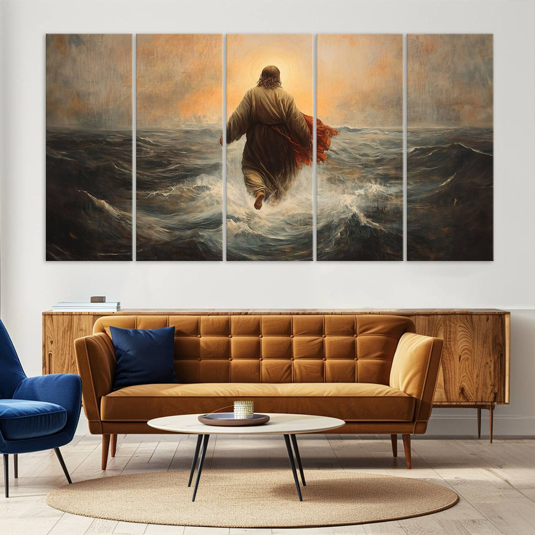 A modern living room is adorned with a triptych titled "Jesus Walking on Water, Christian Wall Art, Jesus Christ Walking on Oil Painting Style Print." The artwork, presented on museum-quality canvas, showcases vibrant colors and exquisite detail.