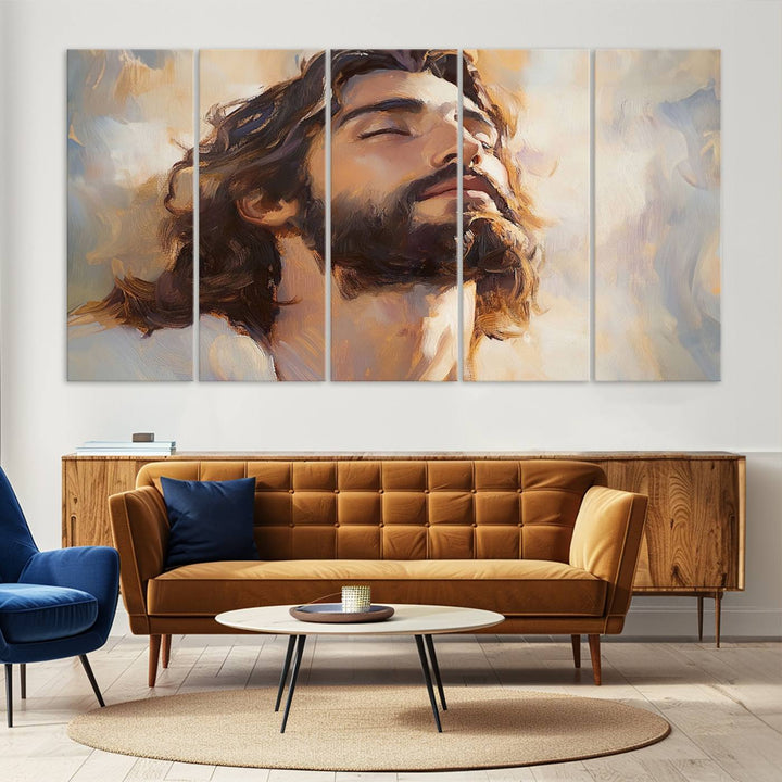 This museum-quality canvas print, titled "Jesus Portrait," features an oil painting style depiction of Jesus Christ with a closed-eyed expression. The high-resolution printing captures every detail beautifully.