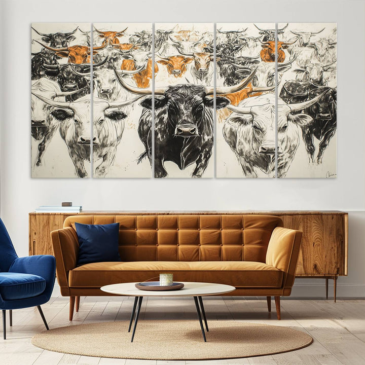 This exquisite farmhouse wall art, titled "Western Longhorn Cattle Canvas Print," showcases a majestic herd of longhorn cattle in a three-panel design. This ready-to-hang and framed barn decor infuses your space with rustic charm.