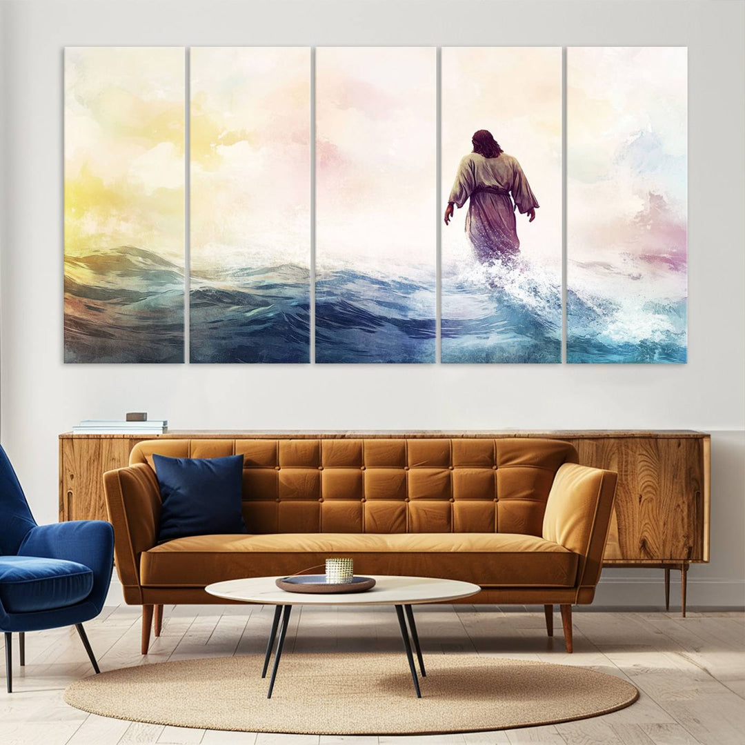 Watercolor Jesus Walking on Water Canvas Print, Christian Wall Art, Jesus Christ Walking