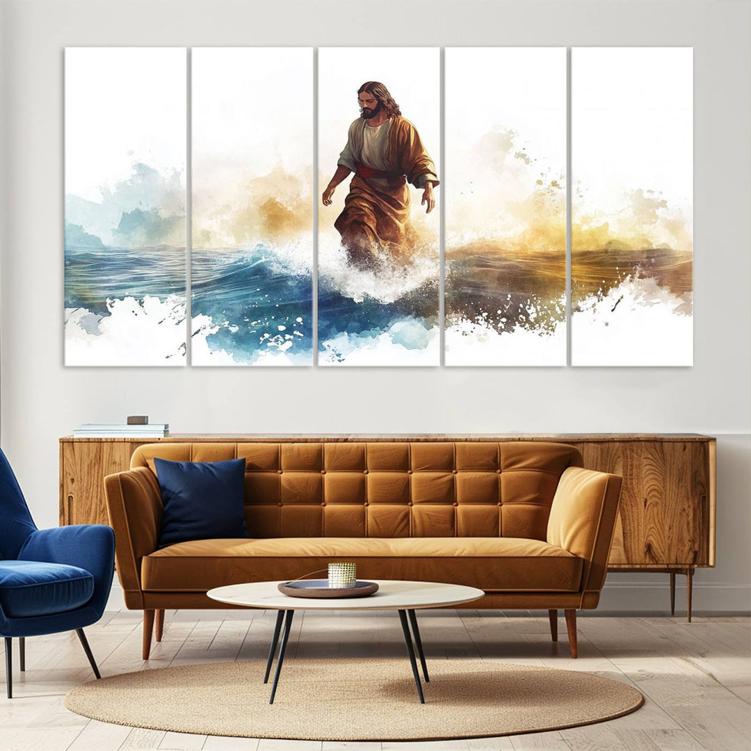 Watercolor Jesus Walking on Water Canvas Print, Christian Wall Art, Jesus Christ Walking