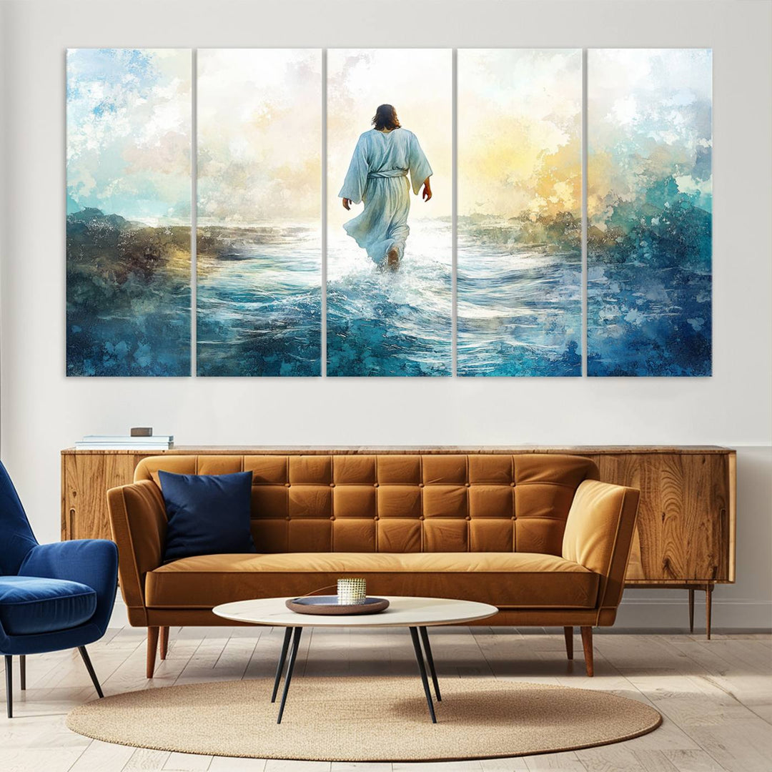 Watercolor Jesus Walking on Water Canvas Print, Christian Wall Art, Jesus Christ Walking