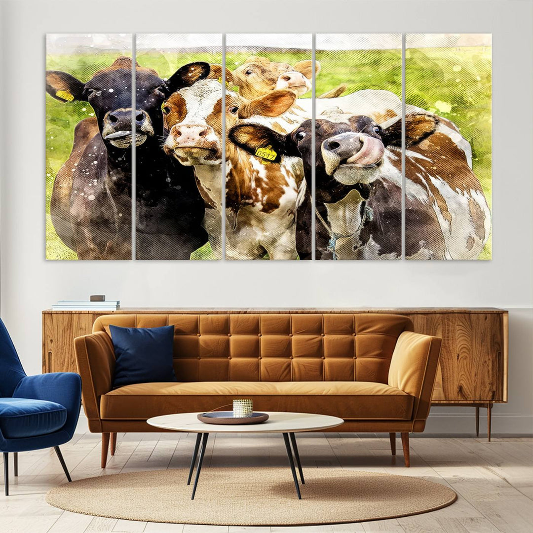 A charming triptych featuring the "Curious Cows Farmhouse Wall Art," a ready-to-hang and framed canvas print, adds a touch of rustic farm decor to the space.