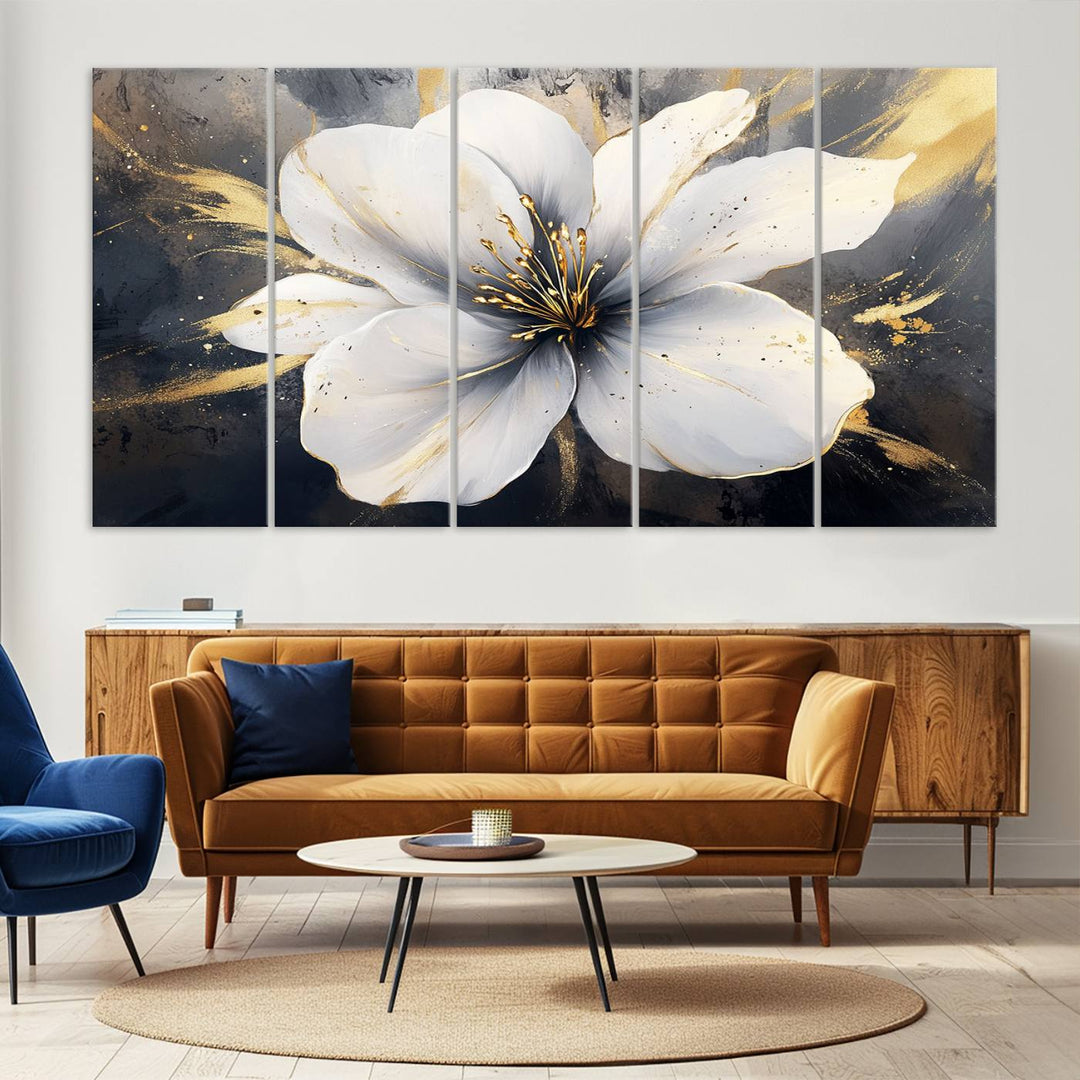 White Flower Wall Art | Canvas Print | Ready to Hang | Abstract Floral Wall Decor | Elegant Bloom Artwork | Framed for Living Room or Bedroom