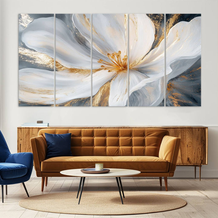 White and Gold Floral Canvas Wall Art - Framed and Ready to Hang - Perfect for Modern Living Rooms