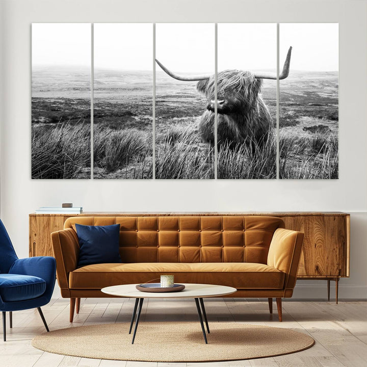 Scottish Highland Cow Wall Art | Black and White Canvas Print | Ready to Hang and Framed | Rustic Farmhouse Wall Decor for Living Room or Office