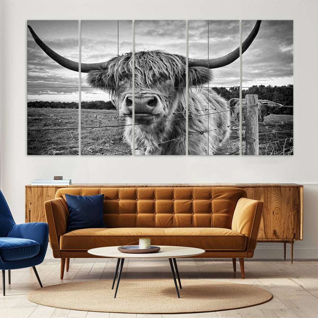 Scottish Highland Cow Wall Art Canvas Print | Ready to Hang and Framed | Rustic Farmhouse Decor