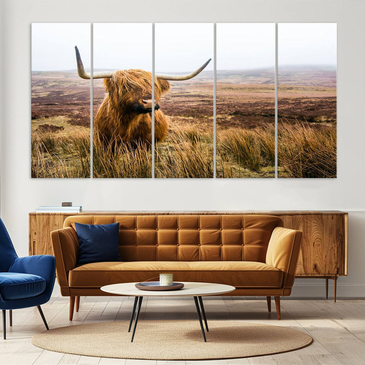 Scottish Highland Cow Wall Art Canvas Print | Ready to Hang and Framed | Rustic Farmhouse Decor for Living Room or Cabin