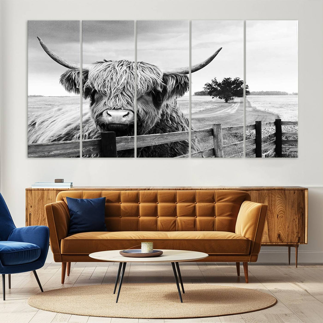 Scottish Highland Cow Wall Art | Rustic Farmhouse Décor | Black and White Ready to Hang Canvas Print