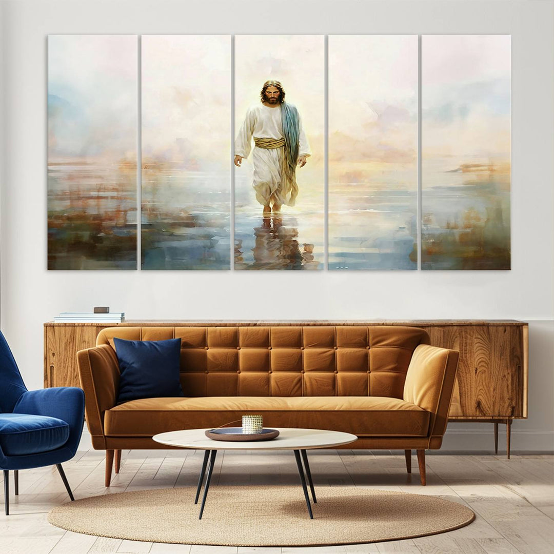 Framed Jesus Walking on Water Wall Art - 3-Panel Christian Canvas Prints, Religious Artwork, Ready to Hang Home Decor for Living Room, Office, or Church