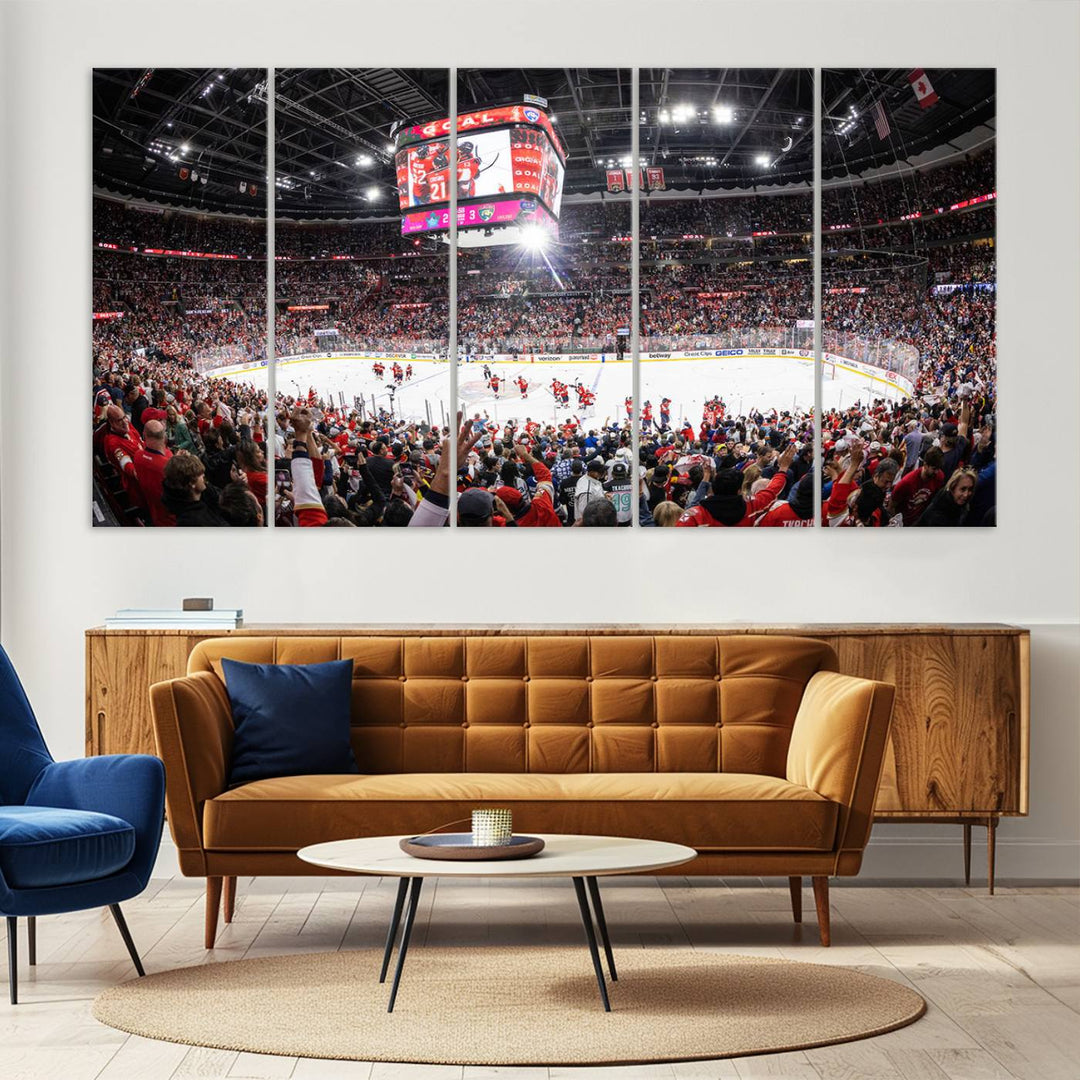 The wall art, a high-quality basketball arena canvas, evokes the excitement of fans cheering at the Amerant Bank Arena.