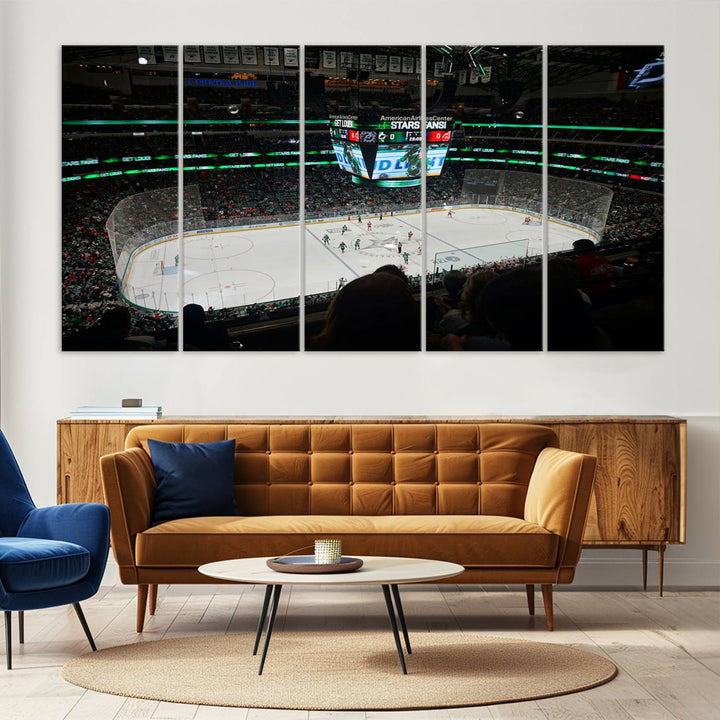 The Dallas Stars Wall Art Canvas Print is as clear as the scoreboard stats at a hockey game in a large arena with bright lights.