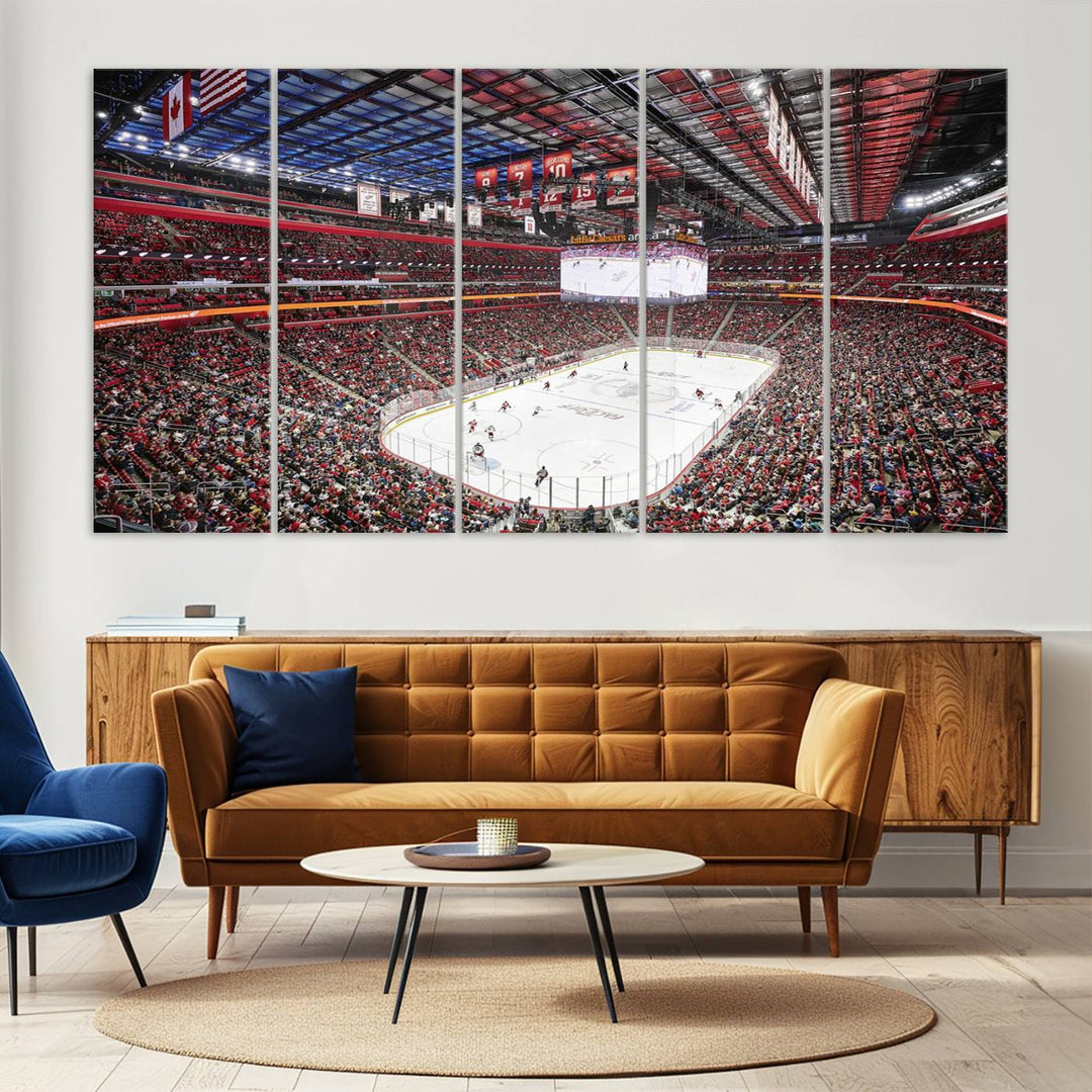 A Barton Malow canvas depicting Little Caesars Arena from above is beautifully printed in high resolution for your wall.