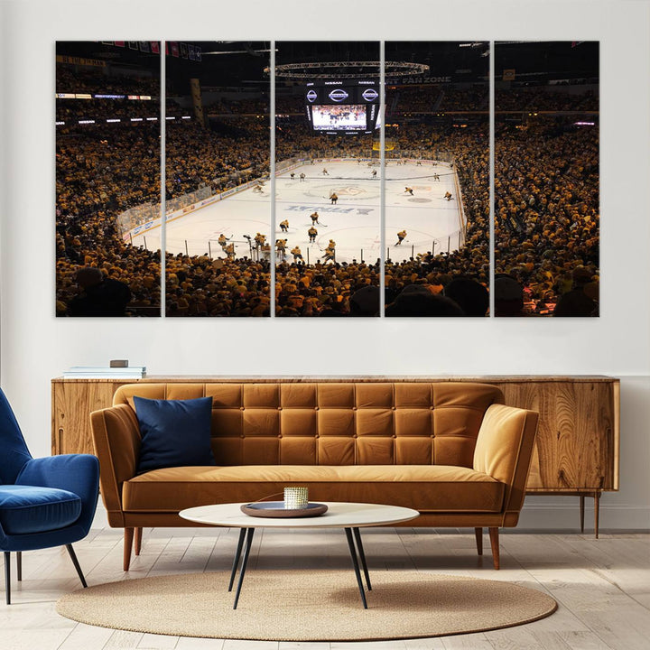 A captivating triptych canvas print, titled "Bridgestone Arena - Nashville Predators Hockey Team Print," adorns the wall. This Nashville wall art canvas print is perfect for Predators fans who appreciate sports-themed decor.