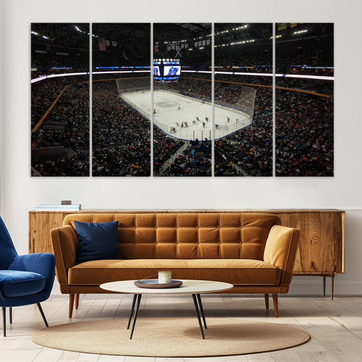 The nautical-themed room is enhanced by the KeyBank Center New York Buffalo Sabres Hockey Stadium Wall Art Canvas Print, a three-panel depiction of a bustling hockey arena with a gallery-quality finish. This canvas artwork, handmade in the USA, introduces an element of sporting elegance to your decor.