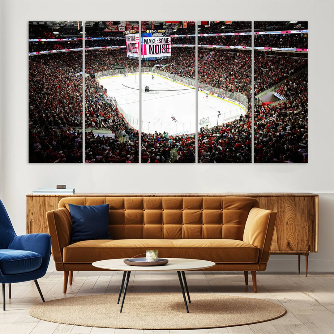 The living room features the PNC Arena Raleigh North Carolina Hurricanes Hockey Stadium Wall Art Canvas Print, which depicts a crowded ice hockey stadium with enthusiastic fans and an ongoing game, all rendered in high-resolution on museum-quality canvas.